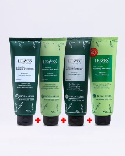 Leaves روتين علاج الجفاف والهيشان المكثف (شامبو + هير ماسك + هير كريم + ليف إن)