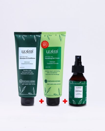 Leaves روتين شامل لعلاج التساقط والهيشان وترطيب الشعر(كريم و شامبو و سبراي )