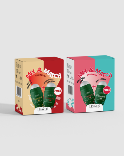 Leaves ليفز | ديودرنت بوكس 4 قطع | بيبي باودر & بولجارين روز + ستروباري شورت كيك & فانيليا